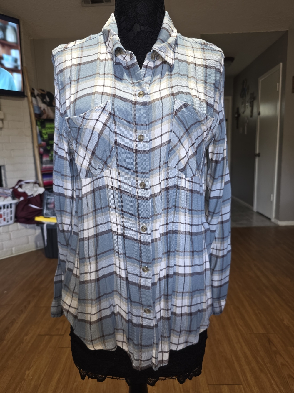 Lucky Brand Light Blue and White Plaid Button-Down Shirt